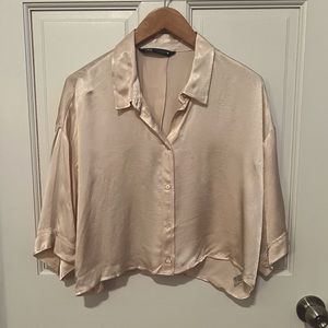 ZARA Champagne Silk Cropped Top Medium